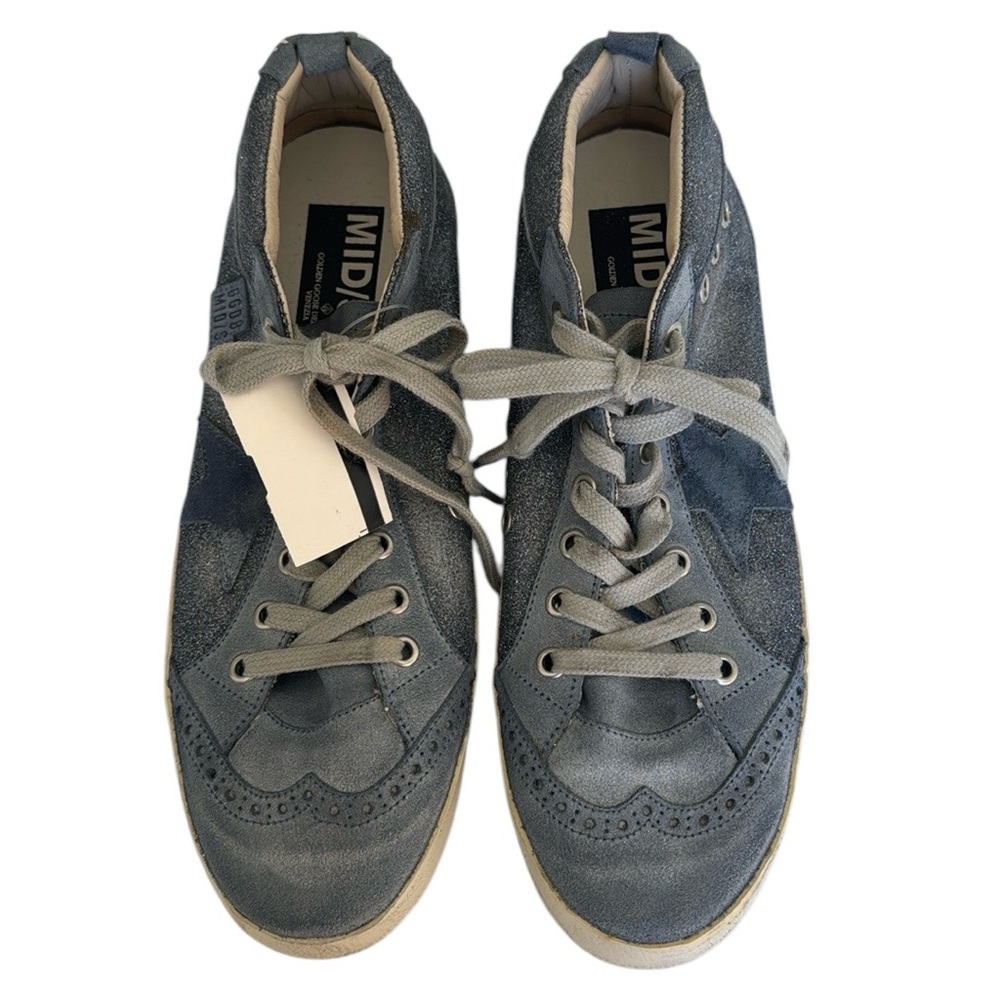 Golden Goose Mid/Star Sneakers Blue Trainers Glitter Star LaceUp HighTop Size 11